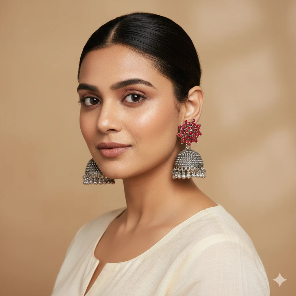 Regal Red Enamel & Silver-Look Jhumka Earrings