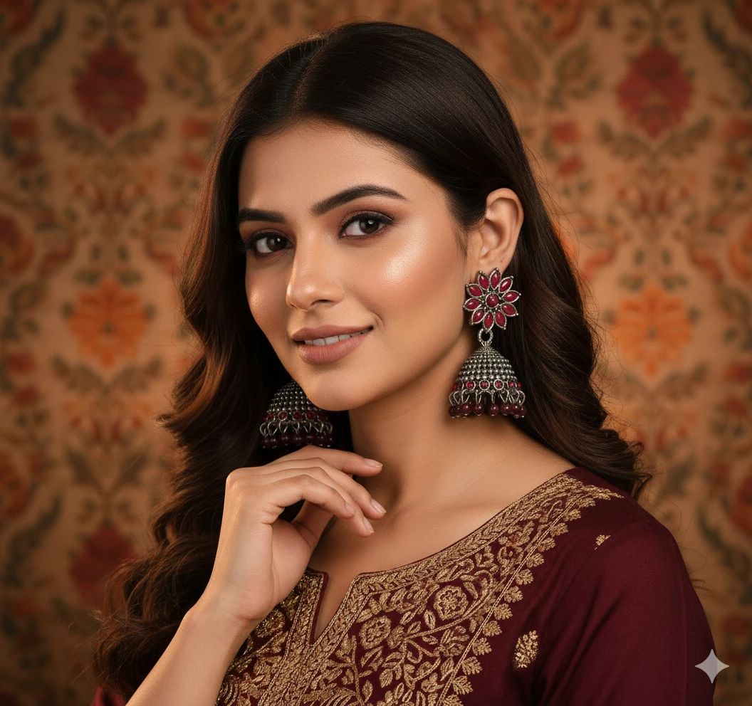 Lotus Oxidized Silver Jhumka Earrings