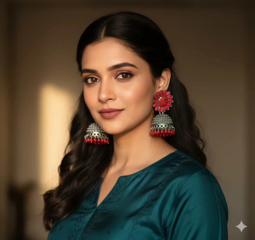 Red Floral Oxidized Silver Jhumkas